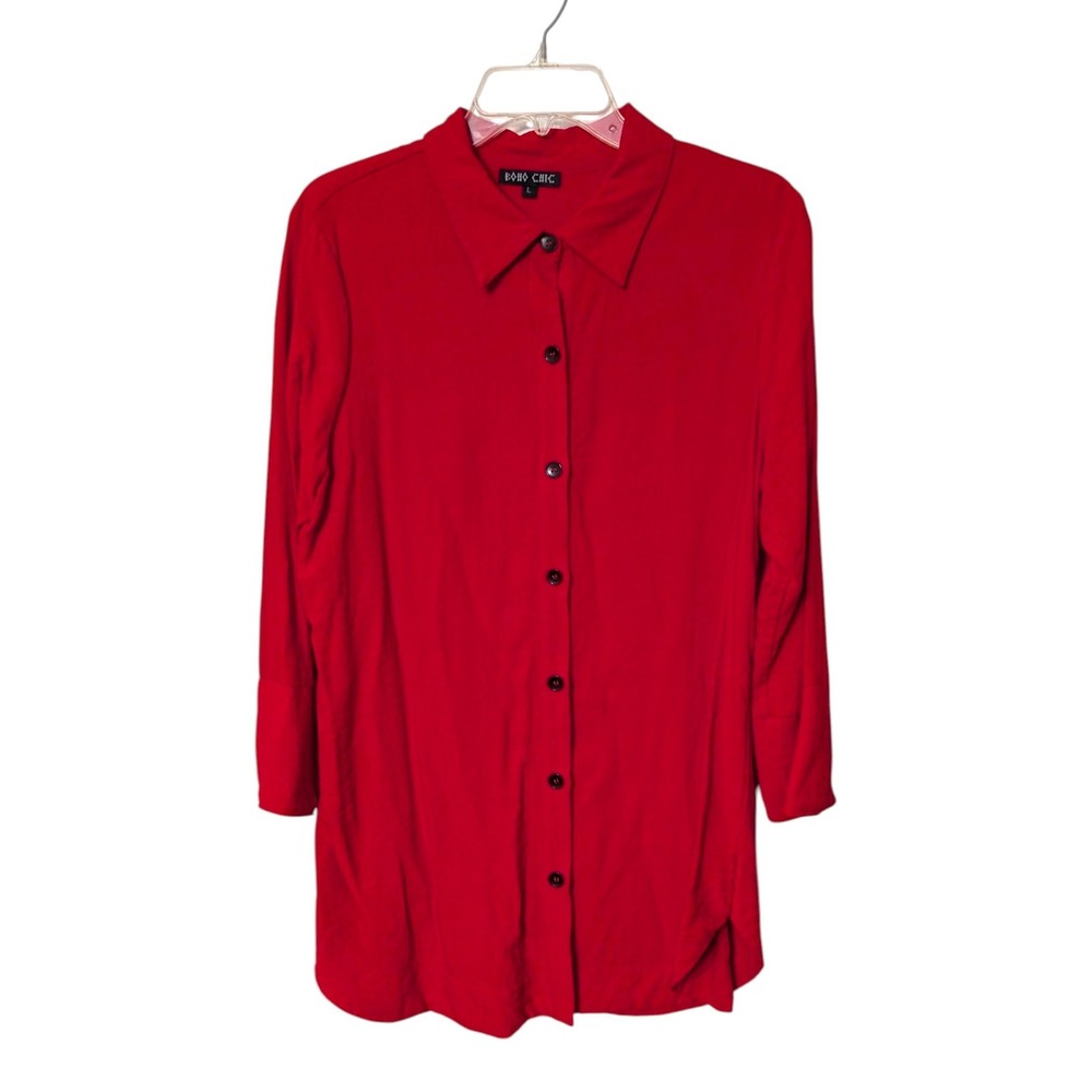 Boho Chic Red Button Front and Back Detail Tunic Top Collard Size Large